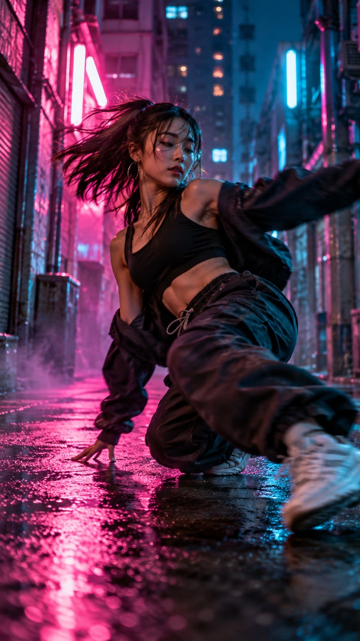 A street dancer mid-move in a neon-lit alley at night