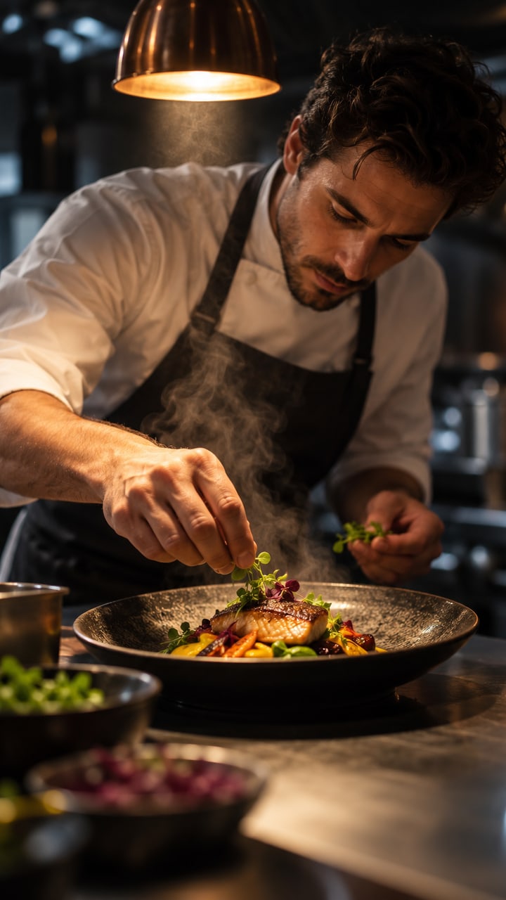 A chef plating a dish in a dark restaurant kitchen