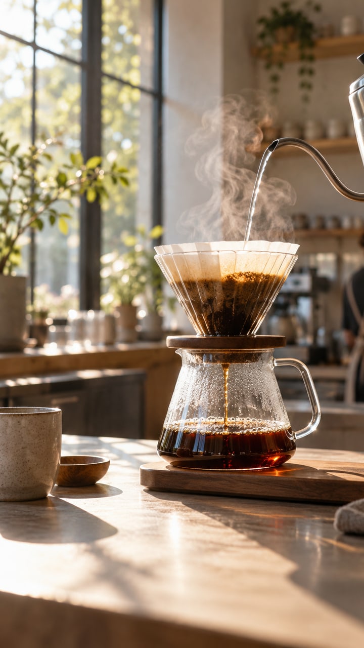 Pour-over coffee brewing in a sunlit cafe