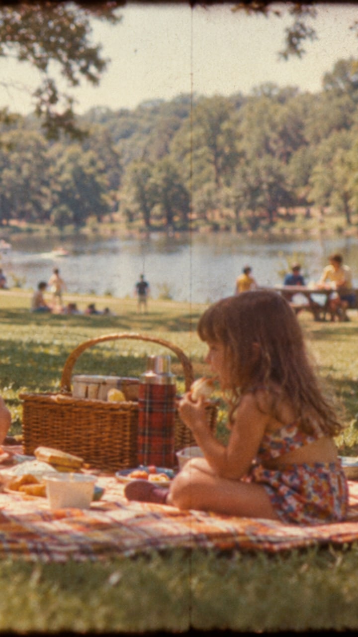 Vintage 8mm family picnic in a sunny park